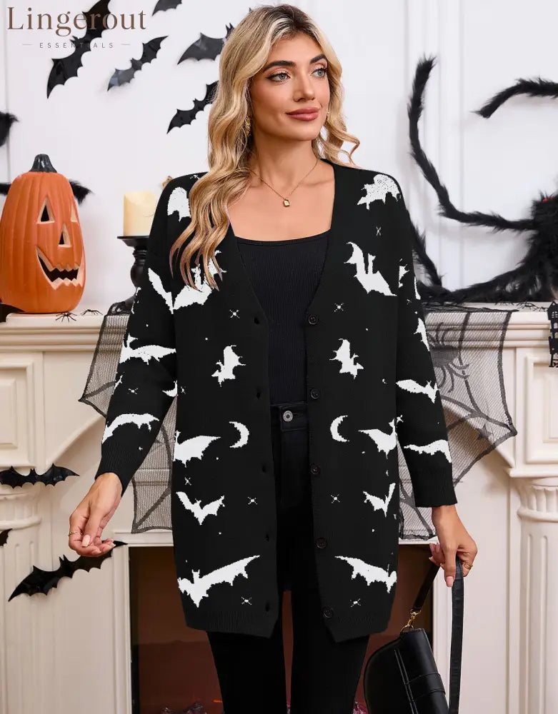 Women’s Halloween Bat Moon Print V Neck Long Sleeve Button Front Knit Cardigan - black / S