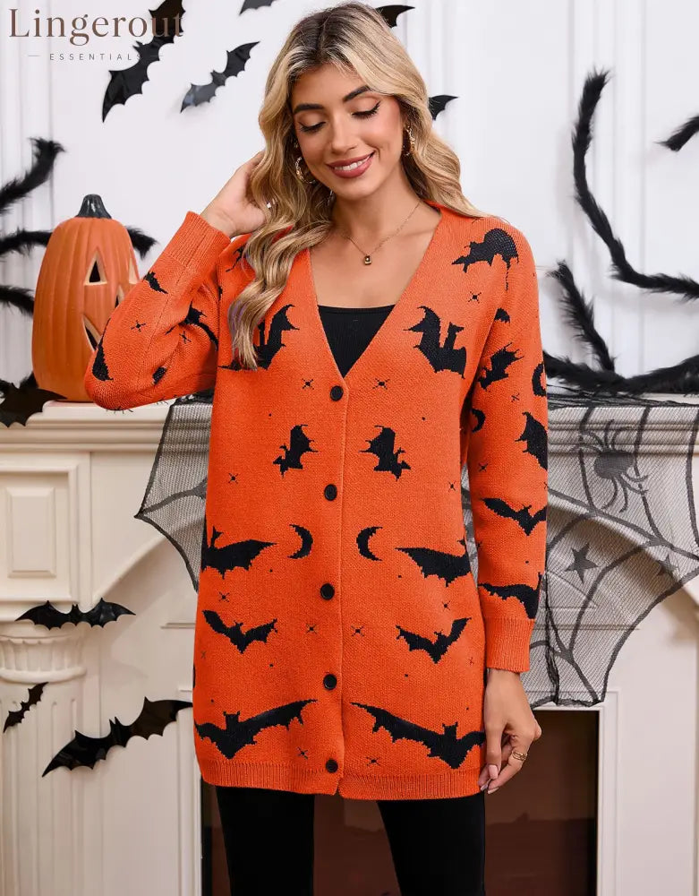 Women’s Halloween Bat Moon Print V Neck Long Sleeve Button Front Knit Cardigan - Orange / S