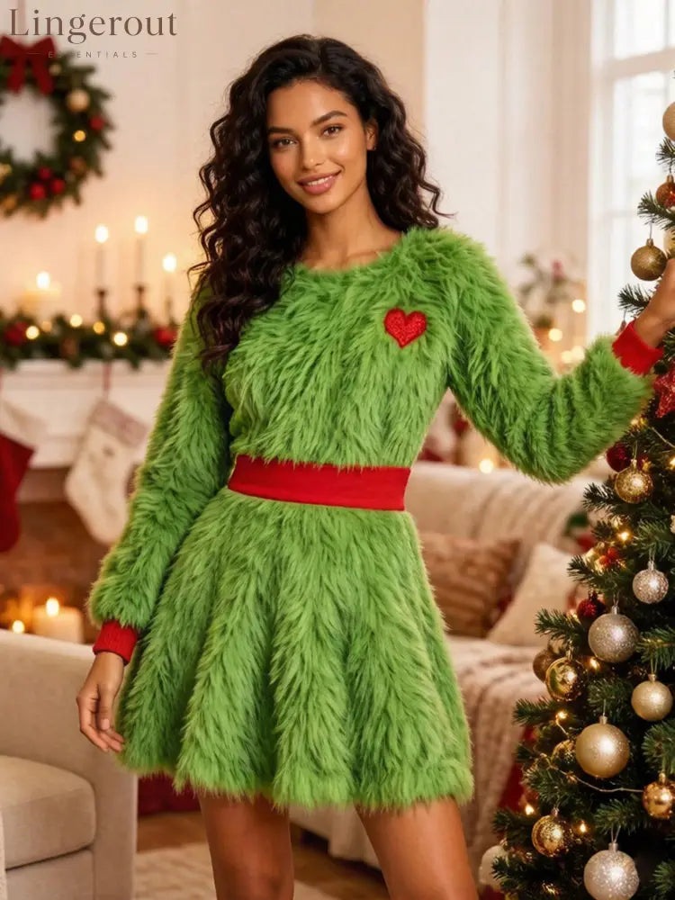 Women’s halloween green plush color-block dress
