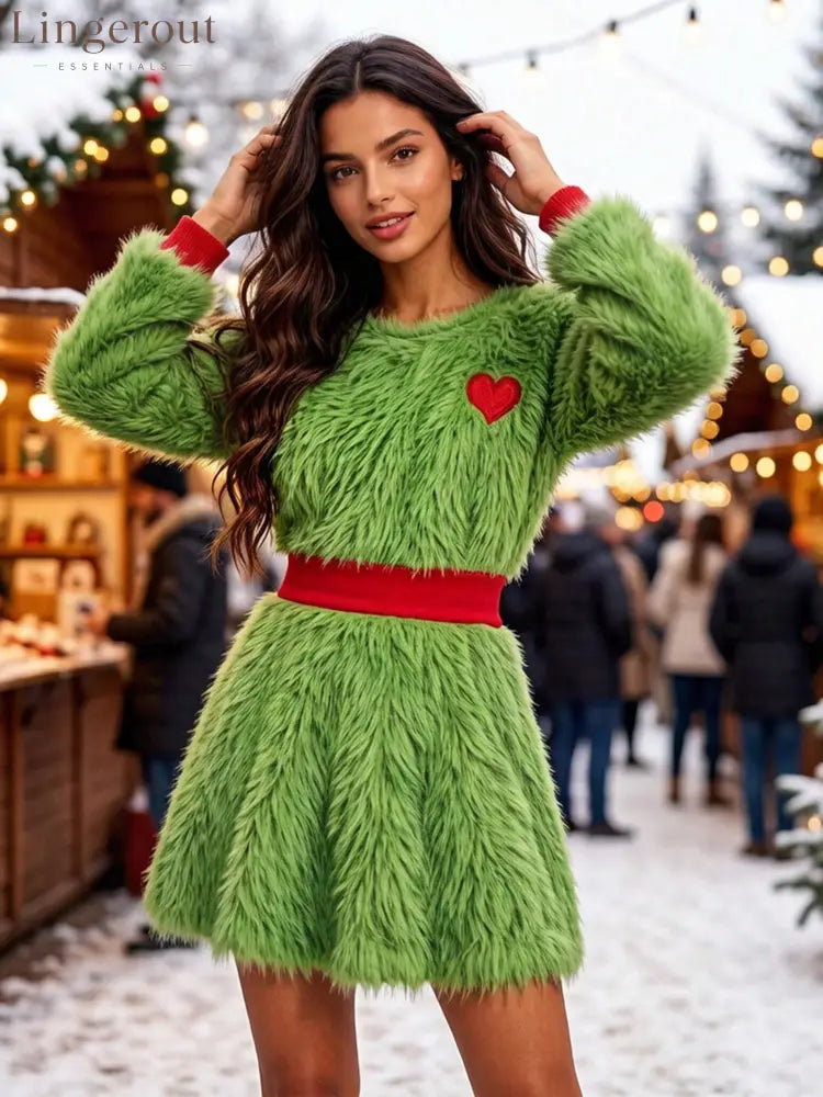 Women’s halloween green plush color-block dress