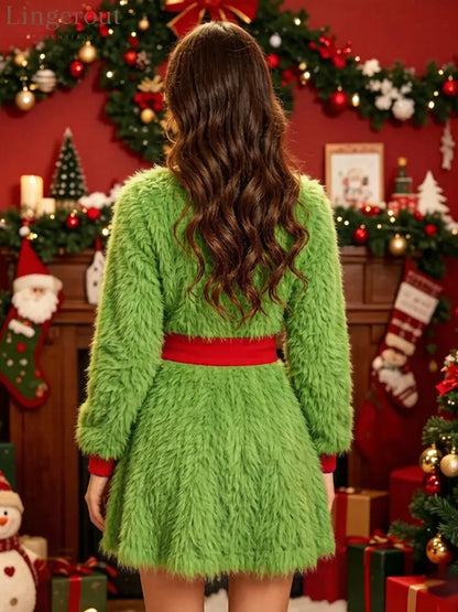 Women’s halloween green plush color-block dress
