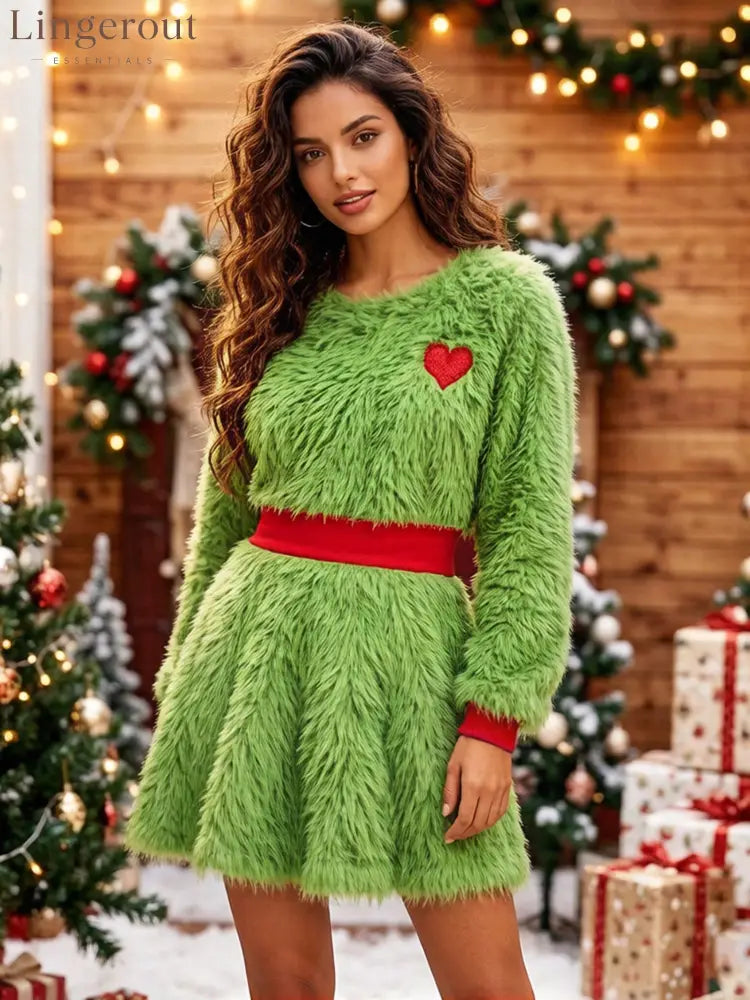 Women’s halloween green plush color-block dress