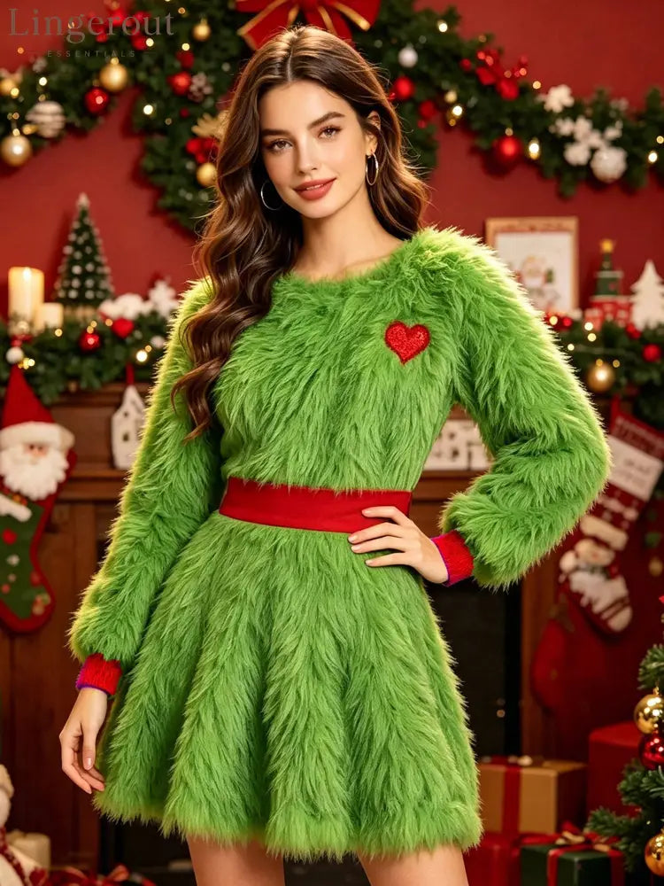 Women’s halloween green plush color-block dress - Green / S