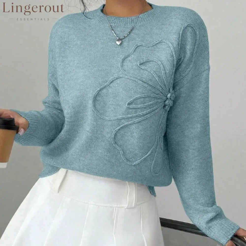 Women’s Knit Jumper with Raised Floral Detail - Blue / XS - Sweaters