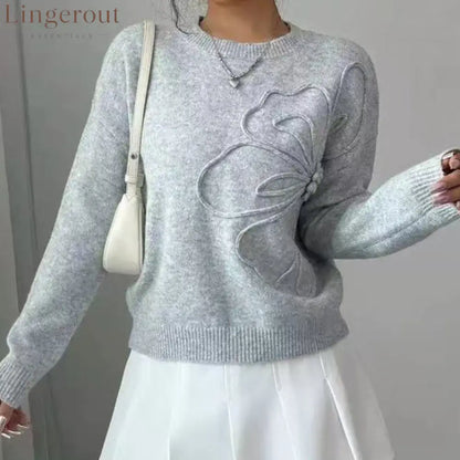 Women’s Knit Jumper with Raised Floral Detail - Grey / XS - Sweaters
