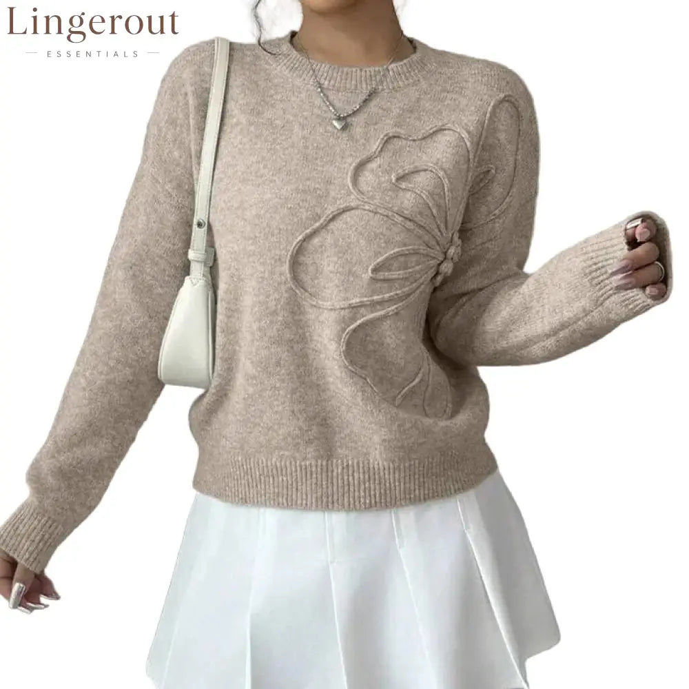 Women’s Knit Jumper with Raised Floral Detail - Khaki / XS - Sweaters