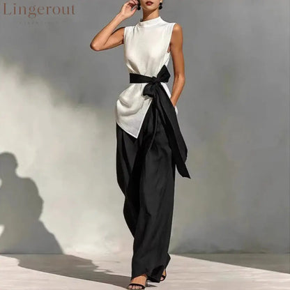 Women’S Lace-Up Sleeveless Contrasting Color Suit Top + Wide Leg Pants Two-Piece Set