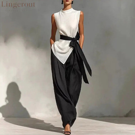 Women’S Lace-Up Sleeveless Contrasting Color Suit Top + Wide Leg Pants Two-Piece Set