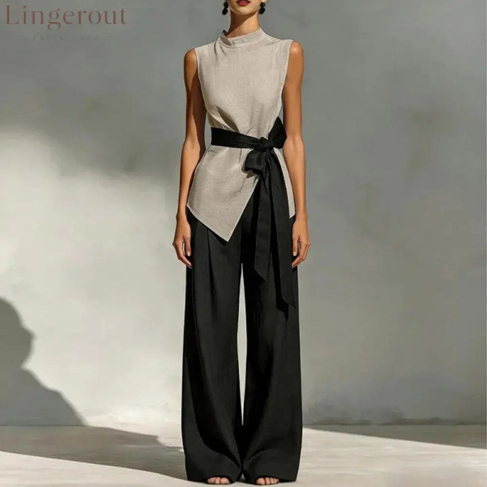 Women’S Lace-Up Sleeveless Contrasting Color Suit Top + Wide Leg Pants Two-Piece Set - Grey / S
