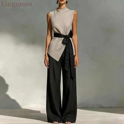 Women’S Lace-Up Sleeveless Contrasting Color Suit Top + Wide Leg Pants Two-Piece Set - Grey / S