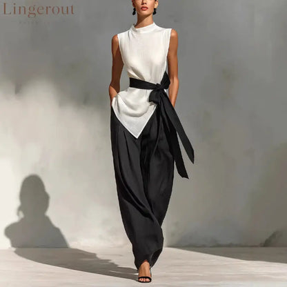 Women’S Lace-Up Sleeveless Contrasting Color Suit Top + Wide Leg Pants Two-Piece Set - White / S