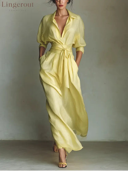 Women’s Lemon Yellow Cotton And Linen Blend Maxi Shirt Dress With Tie Waist & Half Sleeves - Yellow / XS