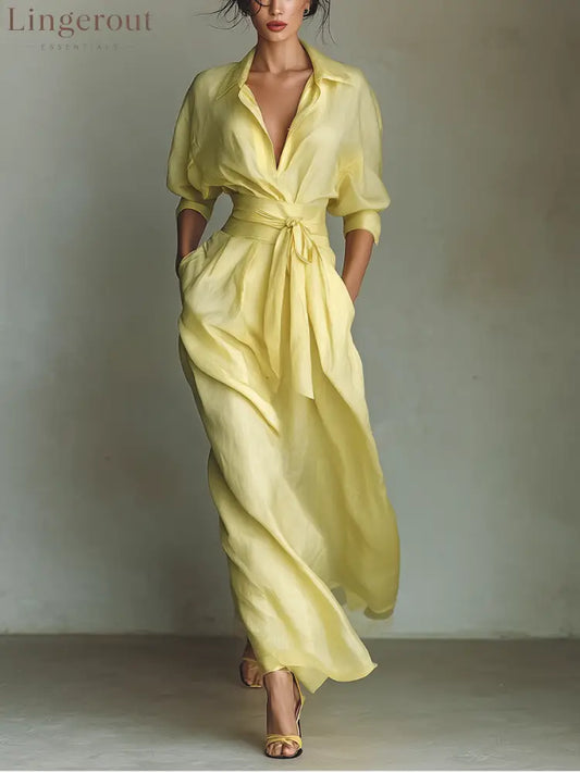 Women’s Lemon Yellow Cotton And Linen Blend Maxi Shirt Dress With Tie Waist & Half Sleeves - Yellow / XS
