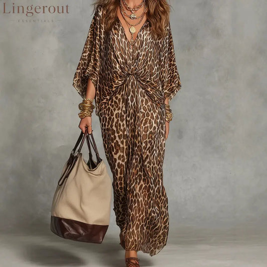 Women’s Leopard Print Knot-Front Maxi Kaftan Dress - Flowy V-Neck Chiffon Cover-Up