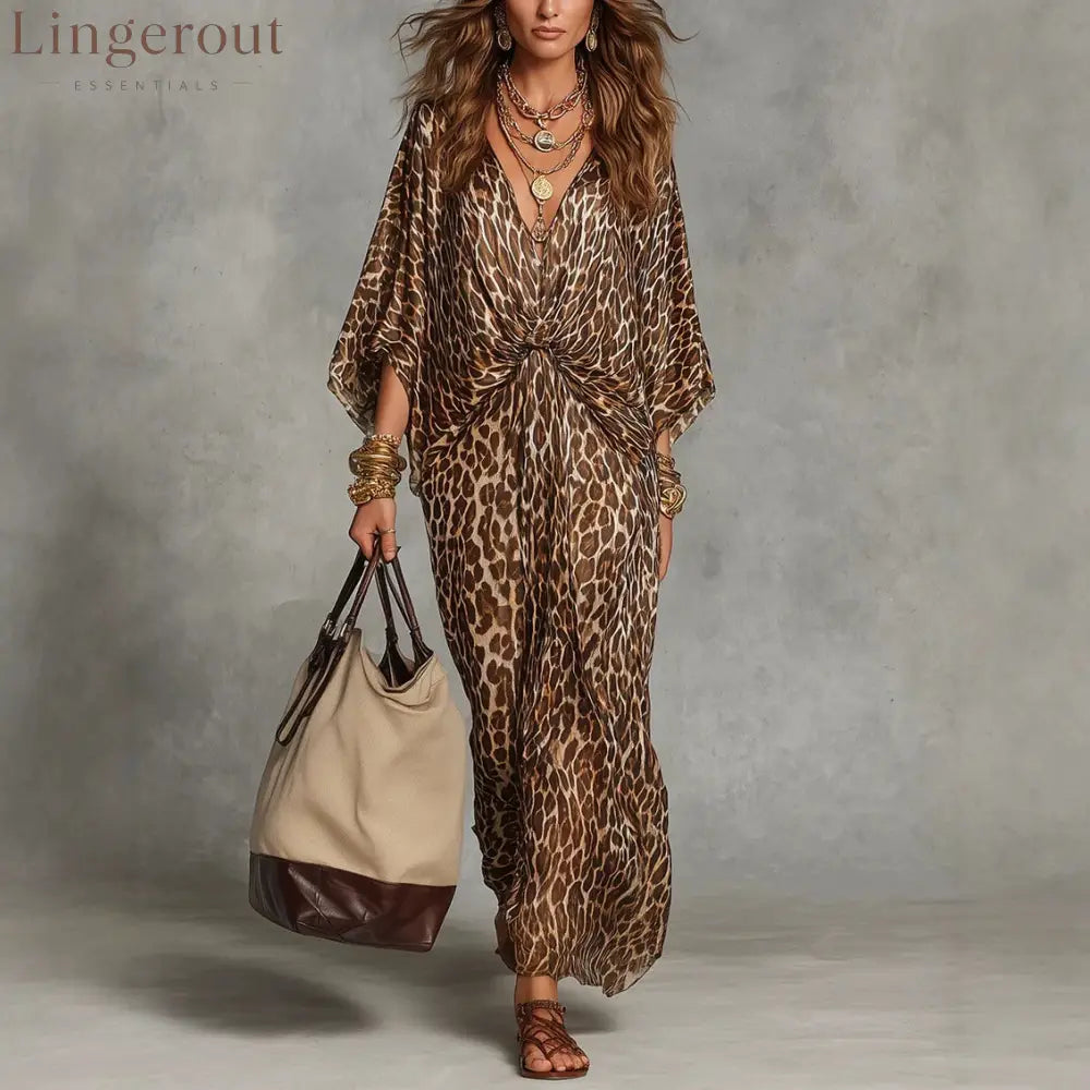 Women’s Leopard Print Knot-Front Maxi Kaftan Dress - Flowy V-Neck Chiffon Cover-Up