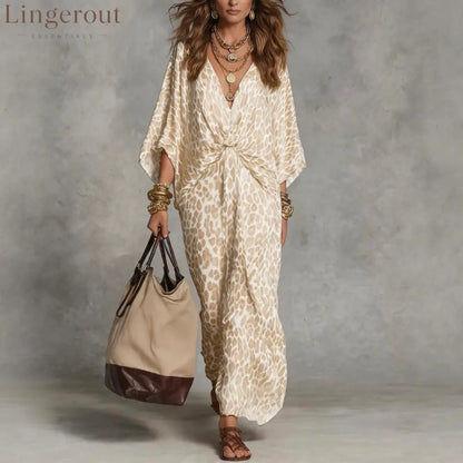 Women’s Leopard Print Knot-Front Maxi Kaftan Dress - Flowy V-Neck Chiffon Cover-Up