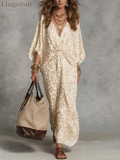 Women’s Leopard Print Knot-Front Maxi Kaftan Dress - Flowy V-Neck Chiffon Cover-Up - Apricot / S