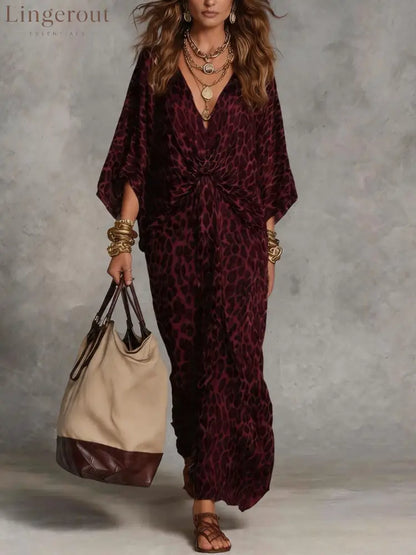 Women’s Leopard Print Knot-Front Maxi Kaftan Dress - Flowy V-Neck Chiffon Cover-Up - Deep red / S