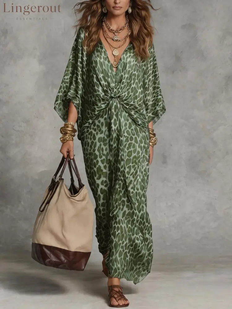 Women’s Leopard Print Knot-Front Maxi Kaftan Dress - Flowy V-Neck Chiffon Cover-Up - Green / S