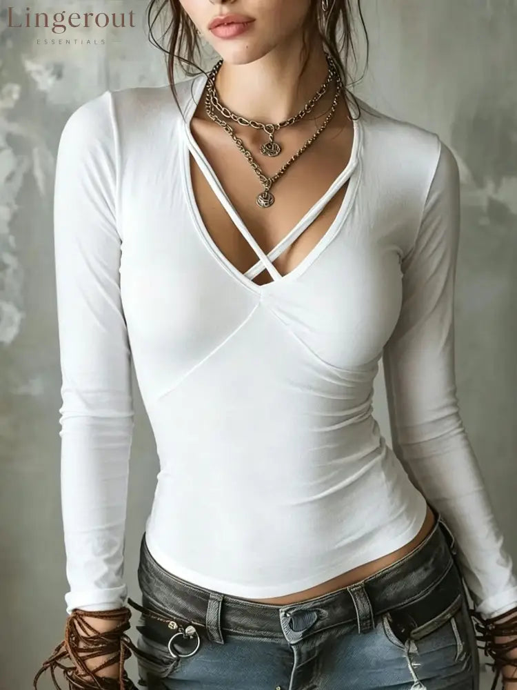 Women’s Light Blue Crisscross V Neck Long Sleeve Slim Fit Basic Tee - White / S