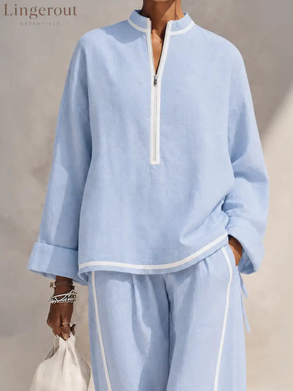 Women’s Light‑Blue Linen Fabric Stand‑Collar Half‑Zip Oversized Top & Wide‑Leg Pants Set MDZ1594G5ZRK - Set