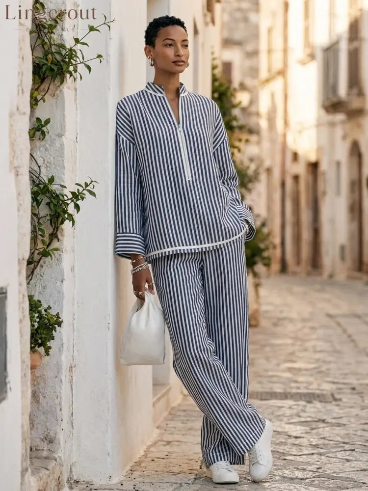 Women’s Light‑Blue Linen Fabric Stand‑Collar Half‑Zip Oversized Top & Wide‑Leg Pants Set MDZ1594G5ZRK - Set
