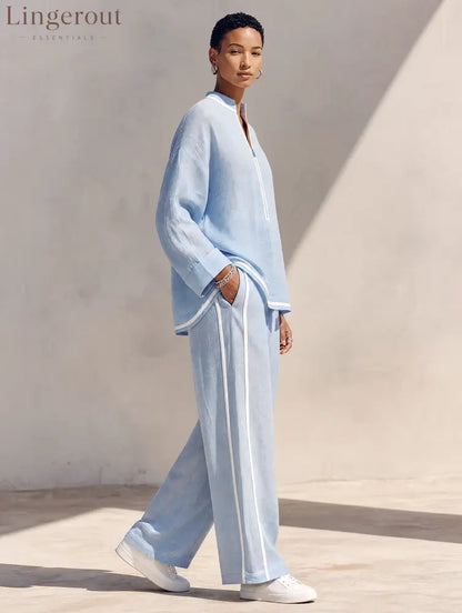 Women’s Light‑Blue Linen Fabric Stand‑Collar Half‑Zip Oversized Top & Wide‑Leg Pants Set MDZ1594G5ZRK - Set