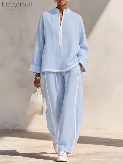 Women’s Light‑Blue Linen Fabric Stand‑Collar Half‑Zip Oversized Top & Wide‑Leg Pants Set MDZ1594G5ZRK - Set