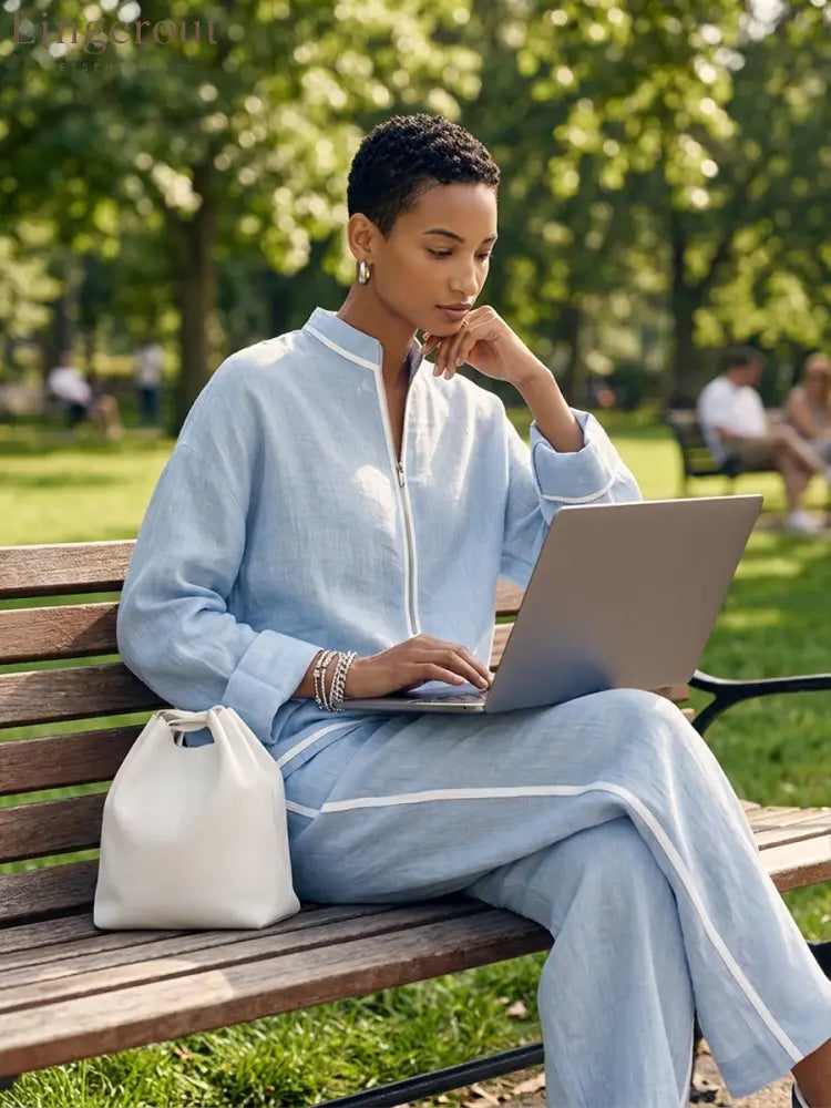 Women’s Light‑Blue Linen Fabric Stand‑Collar Half‑Zip Oversized Top & Wide‑Leg Pants Set MDZ1594G5ZRK - Set