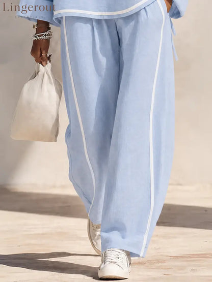 Women’s Light‑Blue Linen Fabric Stand‑Collar Half‑Zip Oversized Top & Wide‑Leg Pants Set MDZ1594G5ZRK - Set