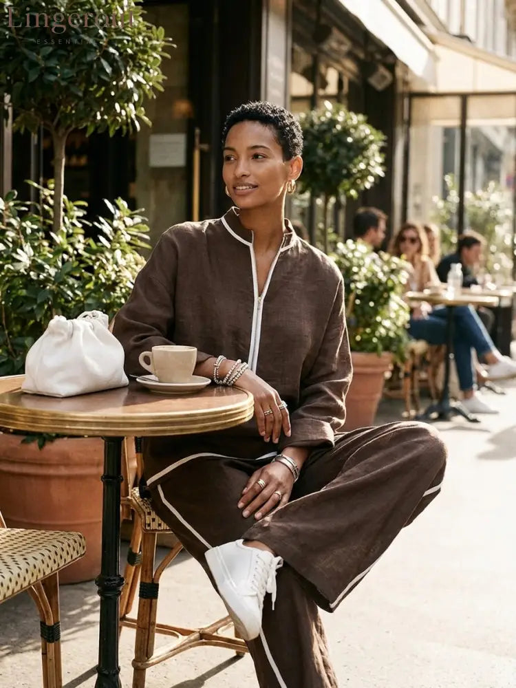 Women’s Light‑Blue Linen Fabric Stand‑Collar Half‑Zip Oversized Top & Wide‑Leg Pants Set MDZ1594G5ZRK - Set