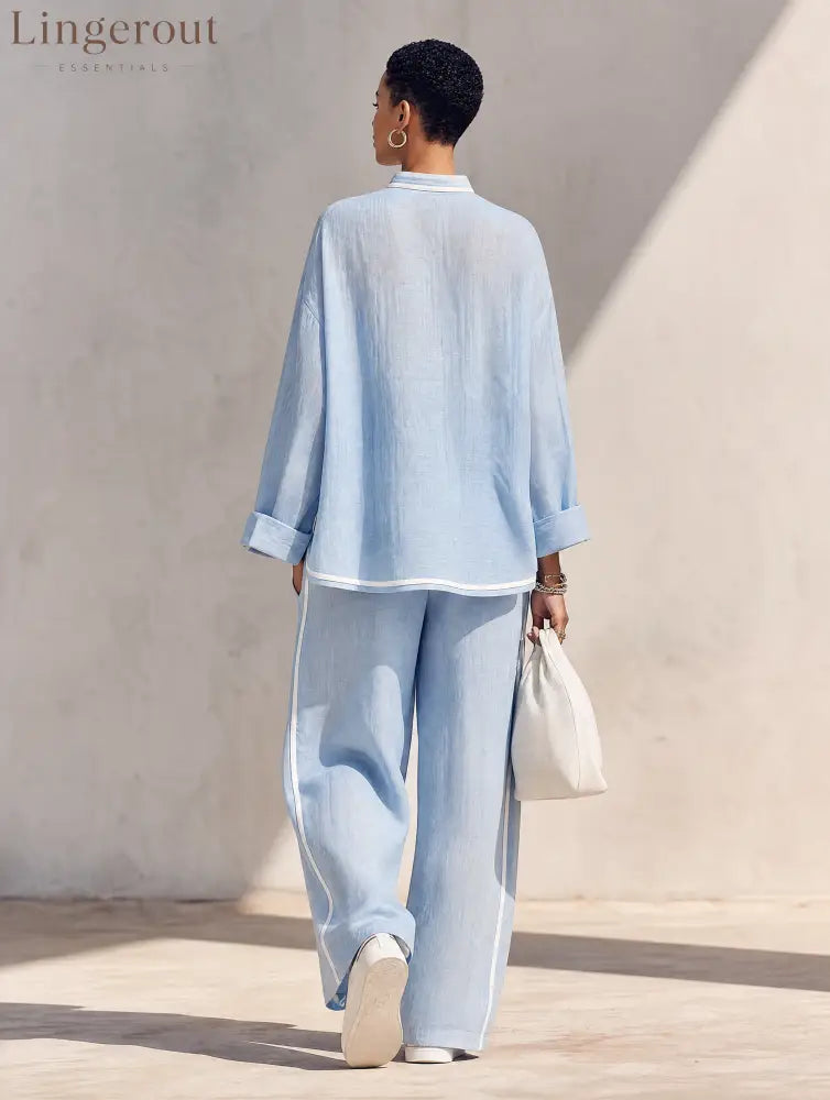 Women’s Light‑Blue Linen Fabric Stand‑Collar Half‑Zip Oversized Top & Wide‑Leg Pants Set MDZ1594G5ZRK - Set