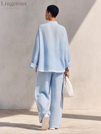 Women’s Light‑Blue Linen Fabric Stand‑Collar Half‑Zip Oversized Top & Wide‑Leg Pants Set MDZ1594G5ZRK - Set