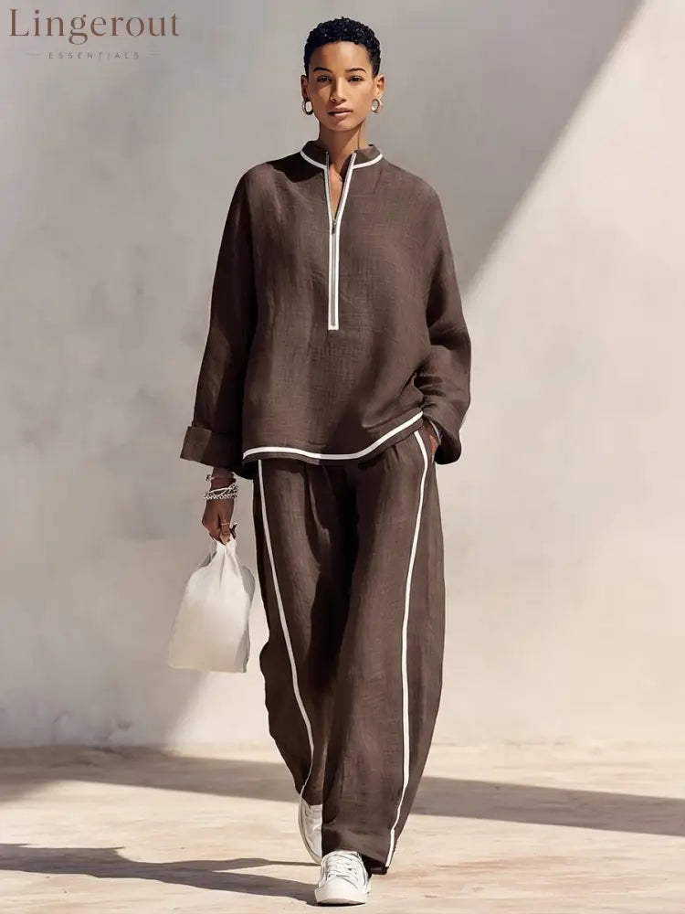 Women’s Light‑Blue Linen Fabric Stand‑Collar Half‑Zip Oversized Top & Wide‑Leg Pants Set MDZ1594G5ZRK - Brown / XS - Set