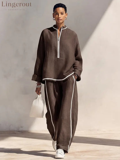 Women’s Light‑Blue Linen Fabric Stand‑Collar Half‑Zip Oversized Top & Wide‑Leg Pants Set MDZ1594G5ZRK - Brown / XS - Set
