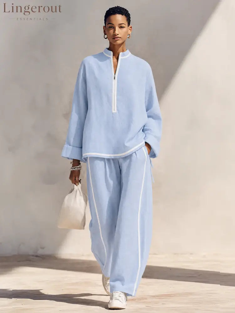 Women’s Light‑Blue Linen Fabric Stand‑Collar Half‑Zip Oversized Top & Wide‑Leg Pants Set MDZ1594G5ZRK - Blue / XS - Set