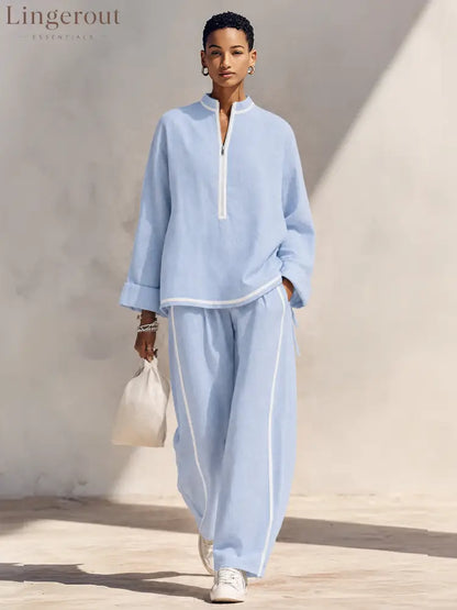 Women’s Light‑Blue Linen Fabric Stand‑Collar Half‑Zip Oversized Top & Wide‑Leg Pants Set MDZ1594G5ZRK - Blue / XS - Set
