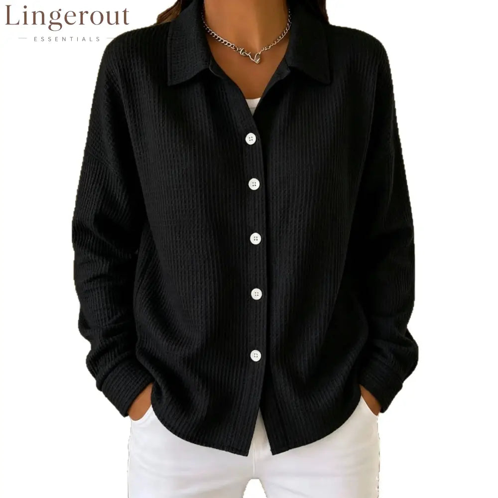 Women’s Light Blue Waffle Knit Lapel Button Down Long Sleeve Shirt