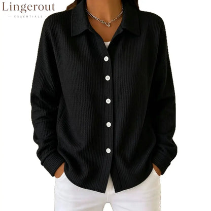 Women’s Light Blue Waffle Knit Lapel Button Down Long Sleeve Shirt