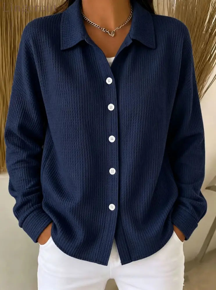 Women’s Light Blue Waffle Knit Lapel Button Down Long Sleeve Shirt - Navy / S