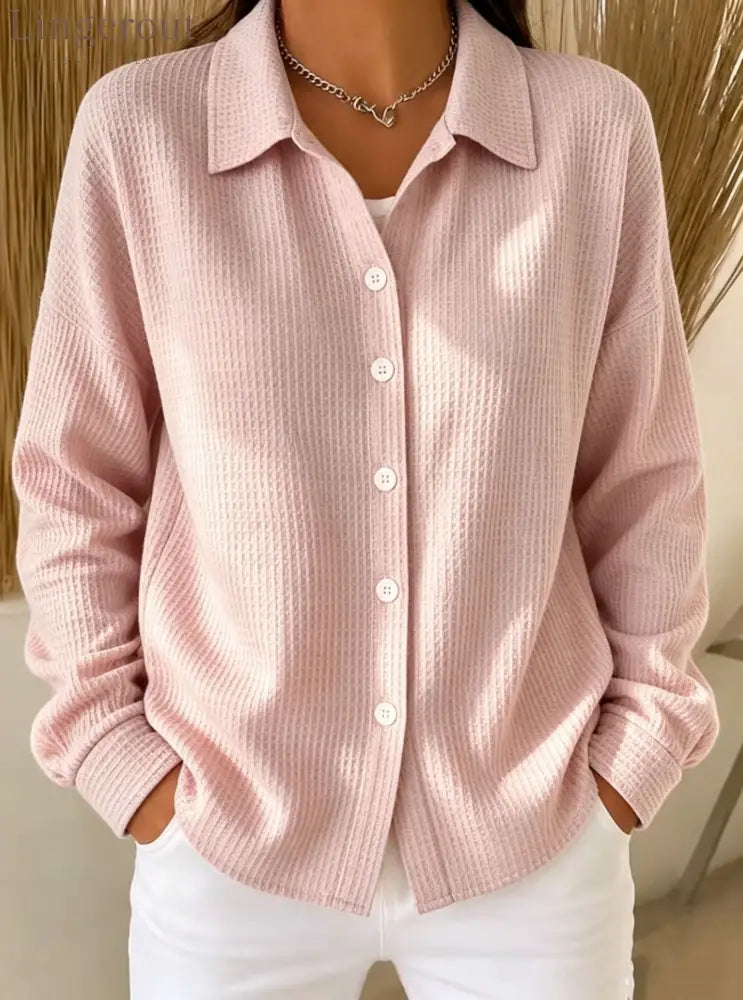 Women’s Light Blue Waffle Knit Lapel Button Down Long Sleeve Shirt - Pink / S