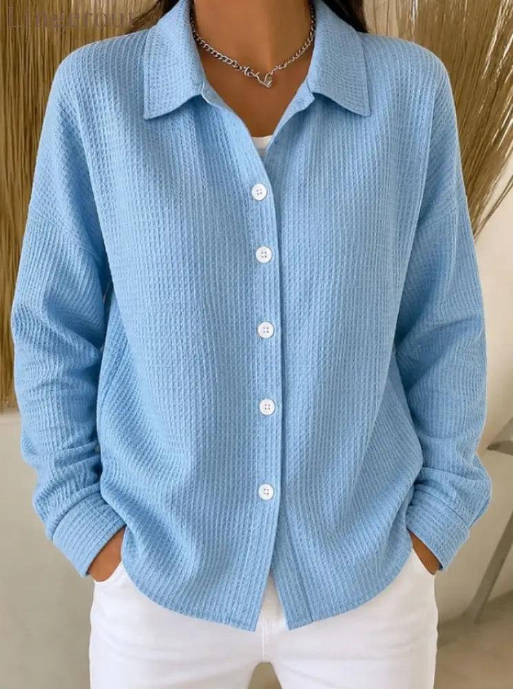 Women’s Light Blue Waffle Knit Lapel Button Down Long Sleeve Shirt - Blue / S