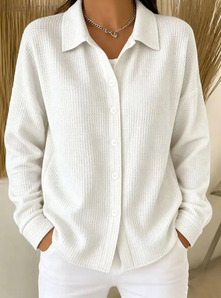 Women’s Light Blue Waffle Knit Lapel Button Down Long Sleeve Shirt - White / S