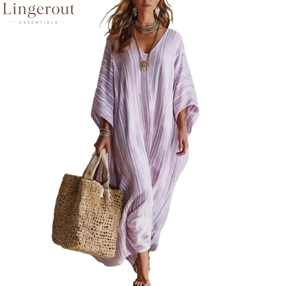 Women’s Light Striped Linen-Blend Kaftan Maxi Dress - Oversized V-Neck Beach Cover-Up