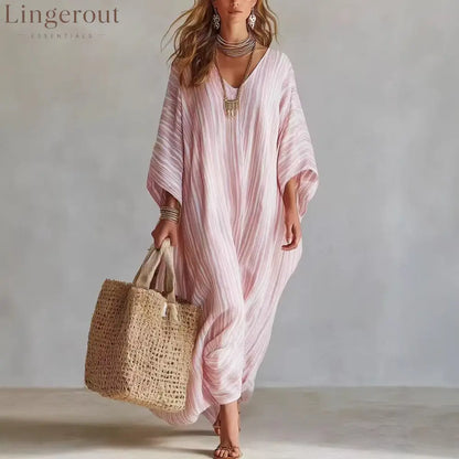 Women’s Light Striped Linen-Blend Kaftan Maxi Dress - Oversized V-Neck Beach Cover-Up