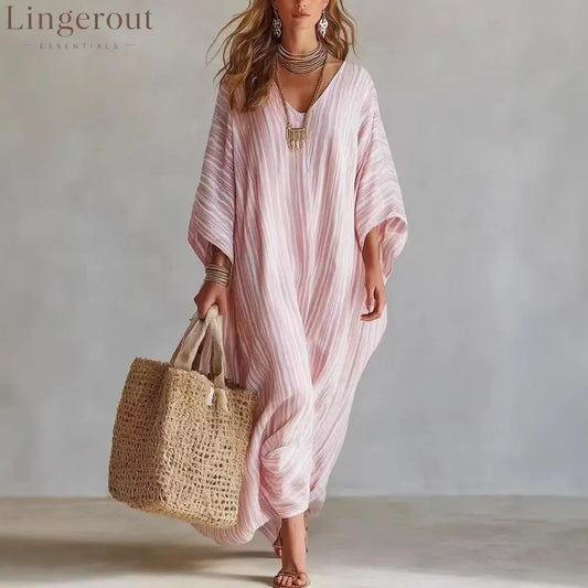 Women’s Light Striped Linen-Blend Kaftan Maxi Dress - Oversized V-Neck Beach Cover-Up