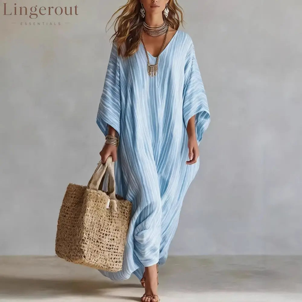Women’s Light Striped Linen-Blend Kaftan Maxi Dress - Oversized V-Neck Beach Cover-Up