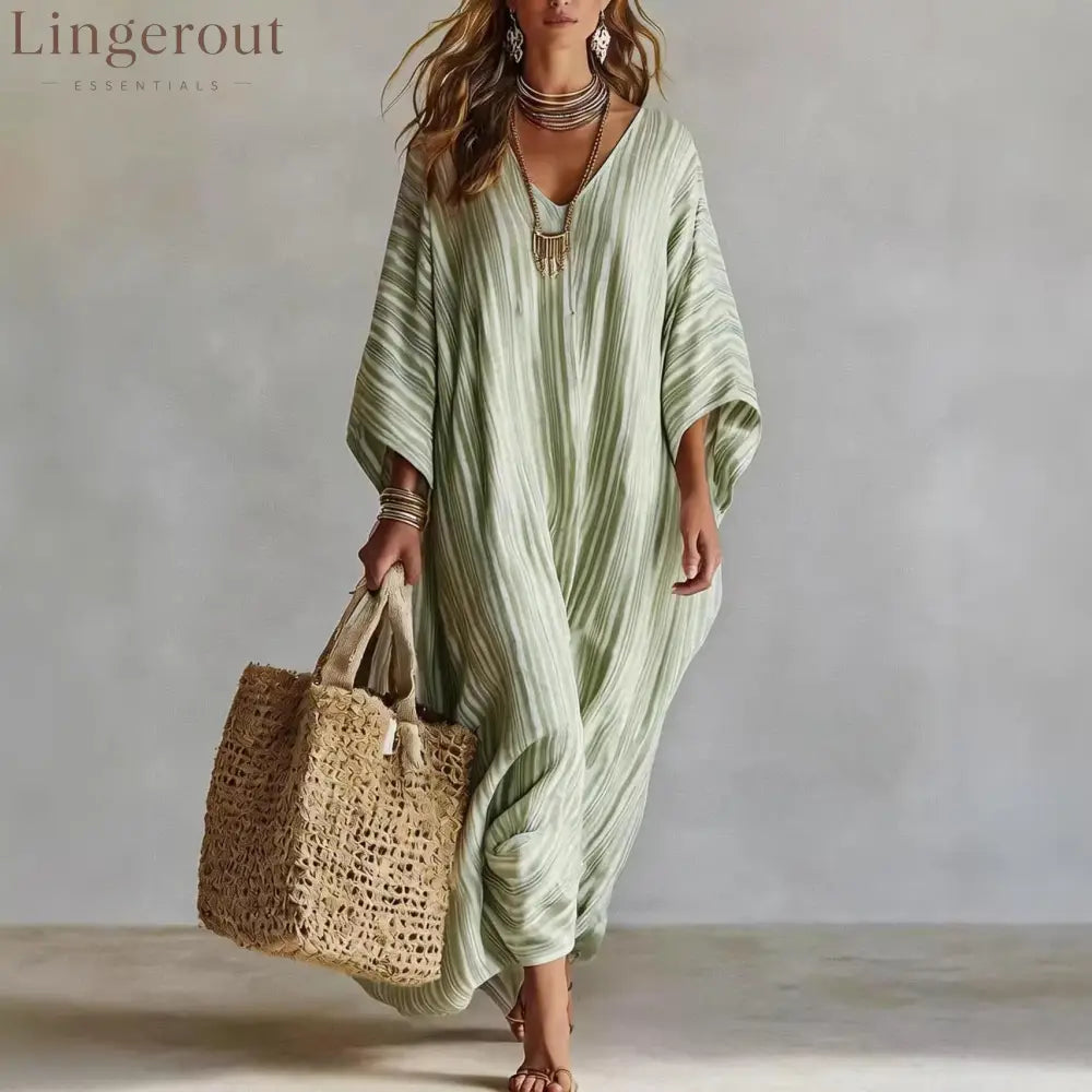 Women’s Light Striped Linen-Blend Kaftan Maxi Dress - Oversized V-Neck Beach Cover-Up
