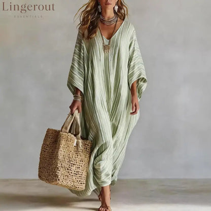 Women’s Light Striped Linen-Blend Kaftan Maxi Dress - Oversized V-Neck Beach Cover-Up