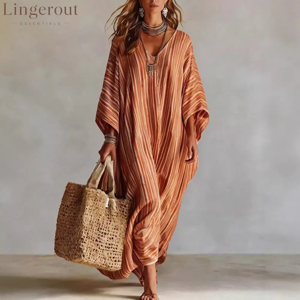 Women’s Light Striped Linen-Blend Kaftan Maxi Dress - Oversized V-Neck Beach Cover-Up